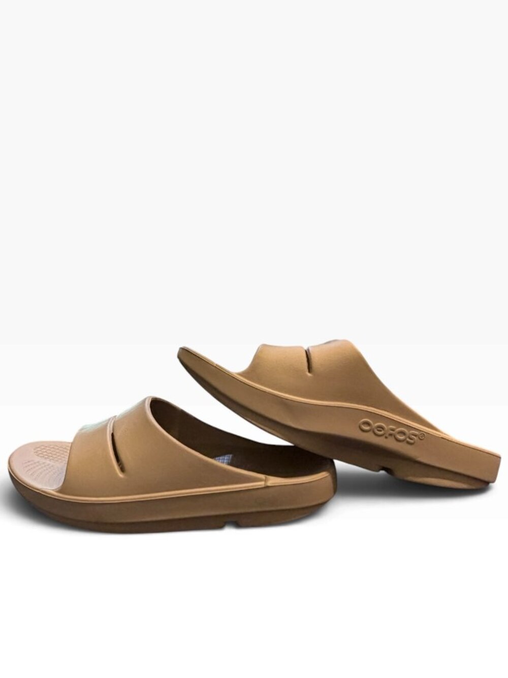 OOFOS OOahh Slide Recovery Sandals Nomad Tan Womens 11 Mens EU 42- Like New